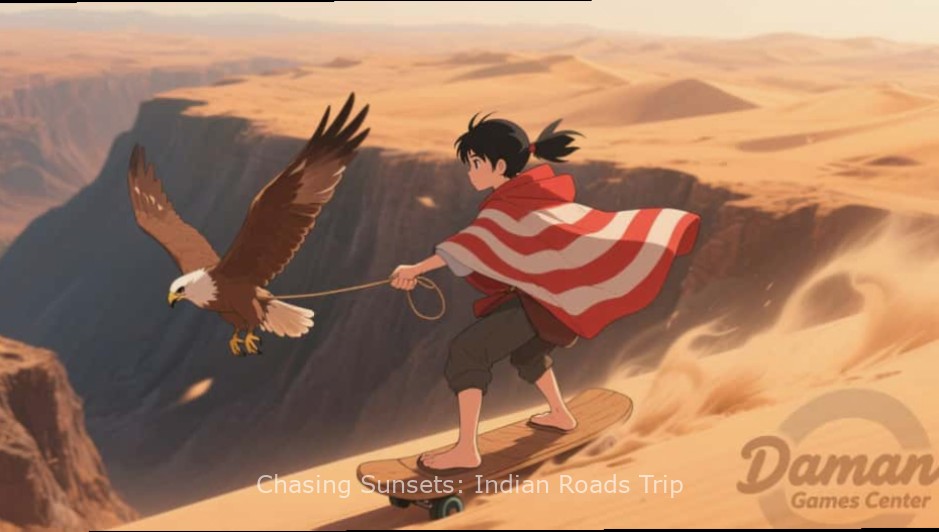 Chasing Sunsets: Indian Roads Trip - Game Cover Chasing Sunsets: Indian Roads Trip game cover showing an Indian road at sunset
